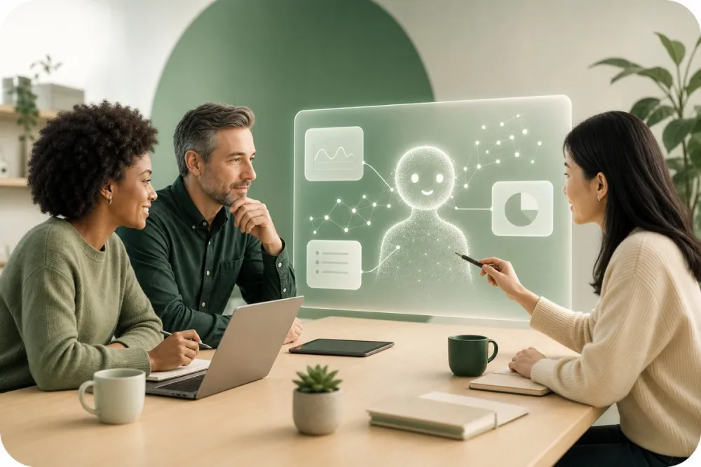 A team reviewing AI agent support while people make the final decisions.