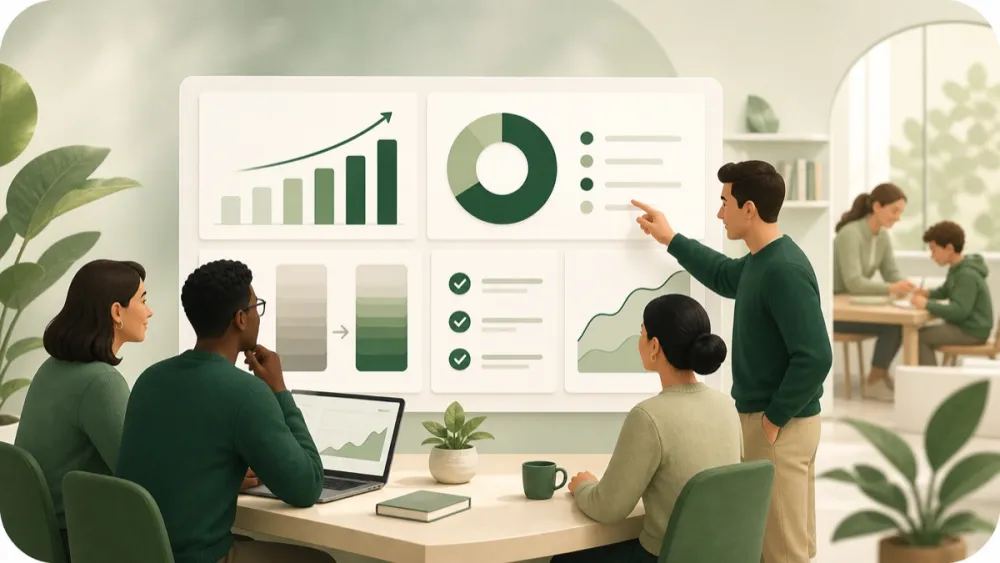 A team reviewing an AI workflow impact dashboard with charts and measurable results.
