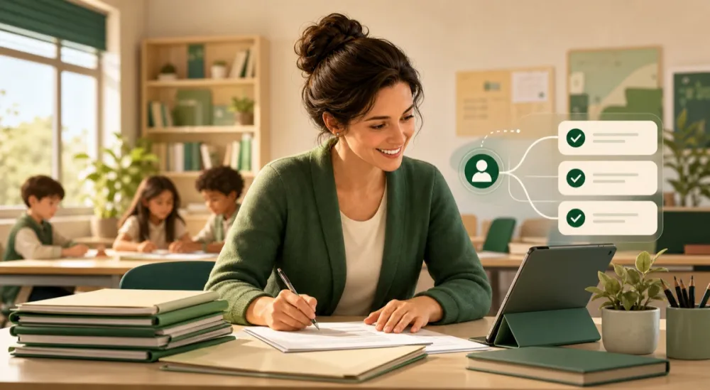 A teacher supported by organized AI task assistance in a warm classroom setting.