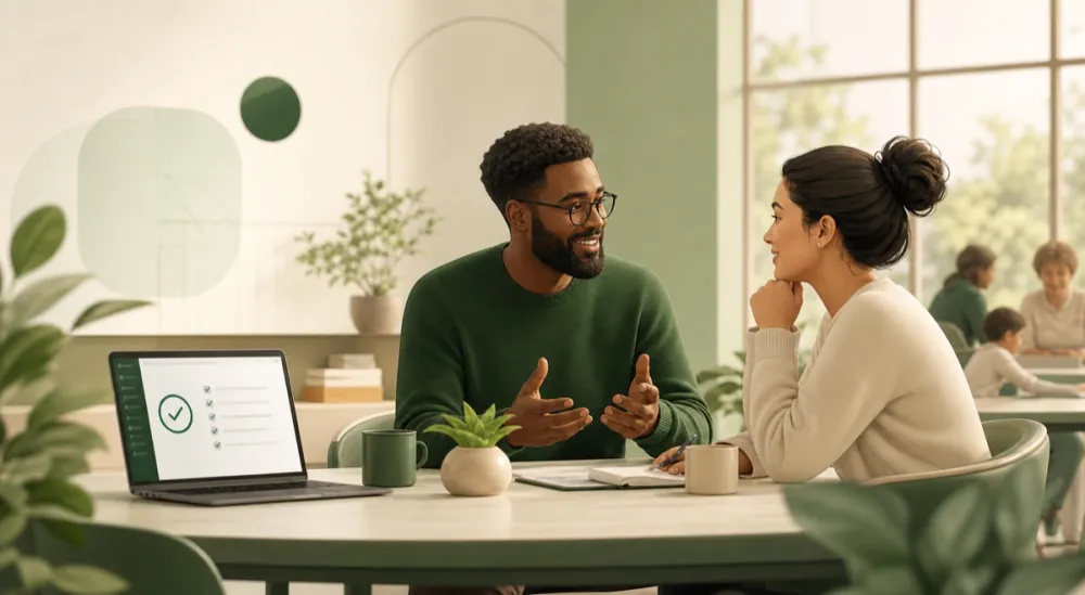 Two mission-driven staff in conversation while AI handles administrative tasks on a laptop.