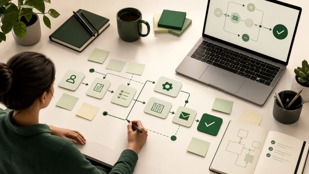 A practical workflow automation map with connected task steps and everyday tools.